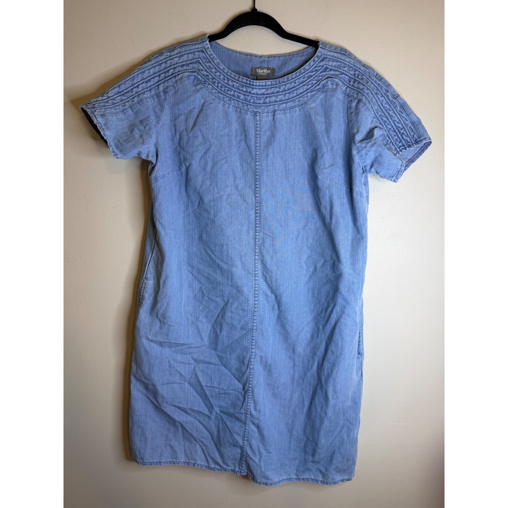 Martha Stewart Women Blue Denim Pintuck Shift Dress Short Sleeve Light Wash S